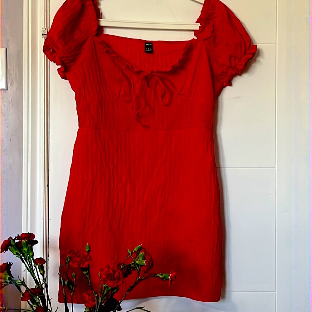 Cute Little Red Dress Ruffle Shoulders Fits S / M No Stretch Anti wrinkle Shein
